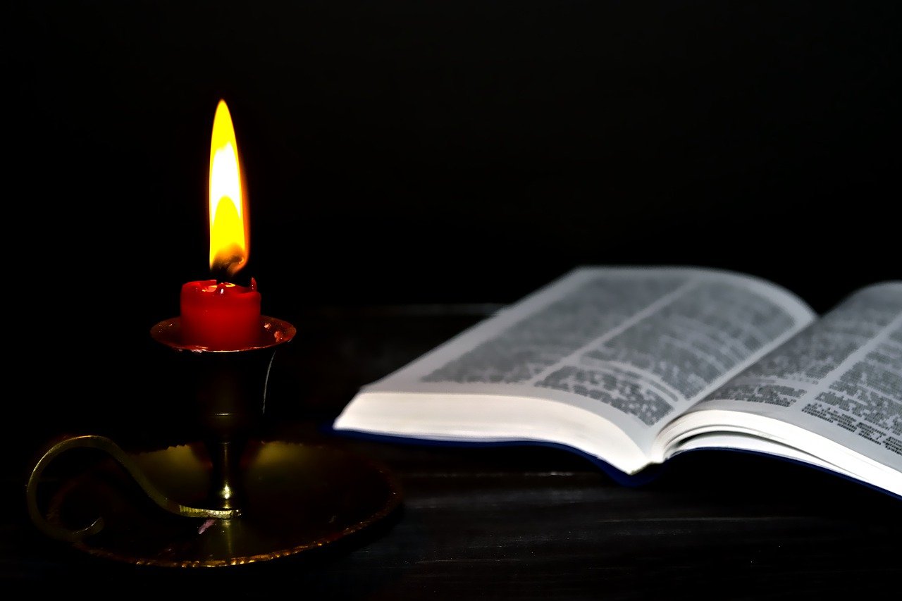 candle holders, bible, light